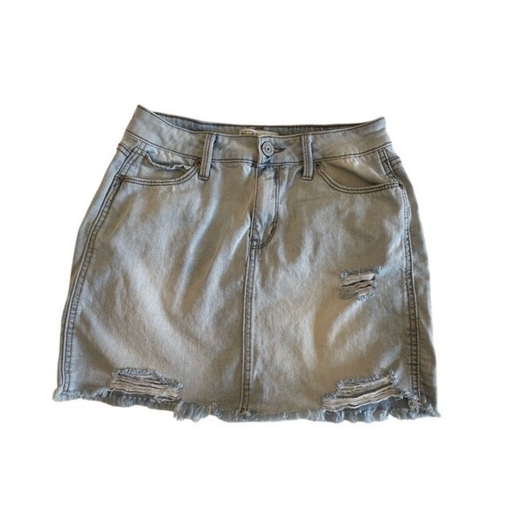 Mudd Denim Mini Skirt Size 7 Light Wash Distressed Ripped Frayed Hem Y2K Stretch